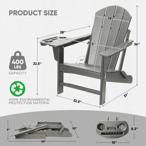 2pk foowin classic folding outdoor adirondack chair with cupholder - 400lbs max - black - (model: jj00501-bk-2pcs) image 2