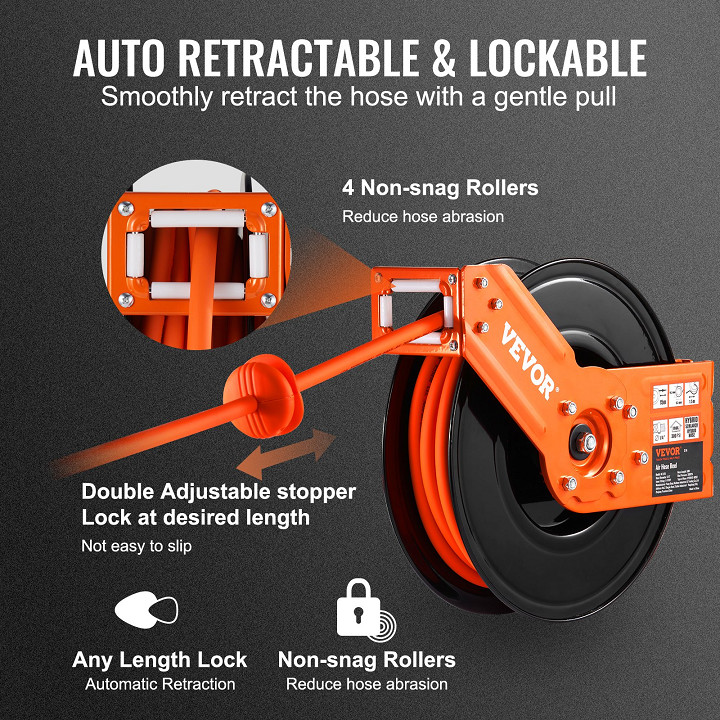 Hybrid Retractable Air Hose Reel - 3/8"  x 50 FT - 300 PSI max - BLACK/ORANGE (MODEL: NT-A15) image 2