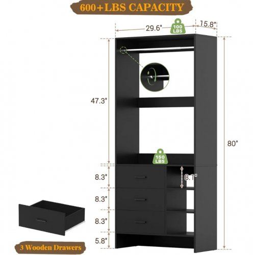 aheaplus closet storage system with 3 drawers and hanging rack - 80" x 30" x 16" - black - (model: yhcc-008) image 2