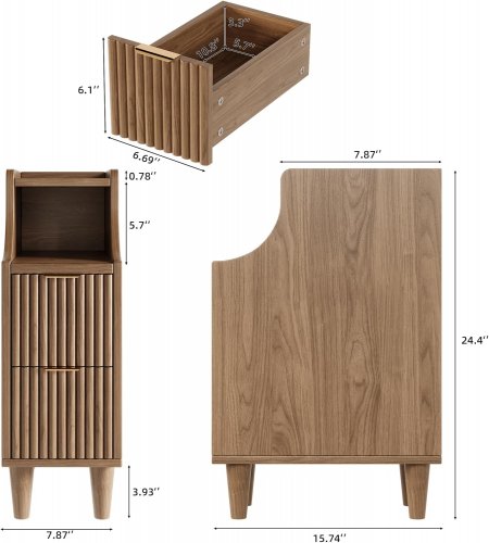 2PK TOKSOM Slim Mid-Century Modern Nightstand Bedside Tables with 2 Drawers and Open Shelf - 24.4" x 15.7" - Walnut Brown (Model: NT-WAL-2434) image 2