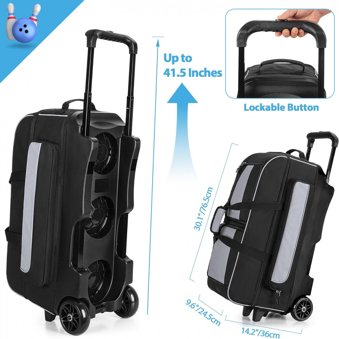goburos 3 Ball Roller Bowling Bag with Wheels - 30" x 14" - black/grey image 2