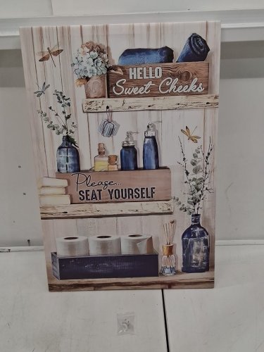 Framed Farmhouse Rustic Bathroom Decor Wall Art - 16" x 24" - Shelves, Flowers, Towels image 3