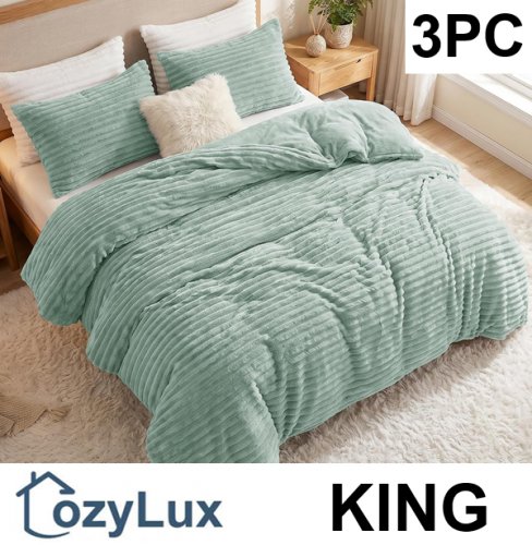 3PC CozyLux Fleece Comforter with 2 Pillowcases - 300GSM Flannel Faux Fur & Oeko-TEX Certified - Machine Washable - KING - sage green image 1
