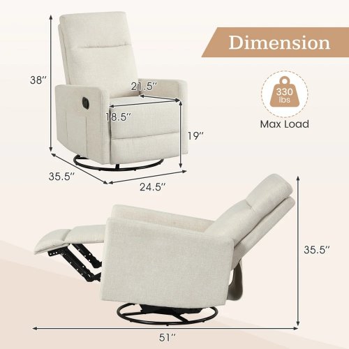 Costway Swivel Rocking Nursery Recliner Armchair - 330lbs cap - Beige (Model: JV13406BE) image 2