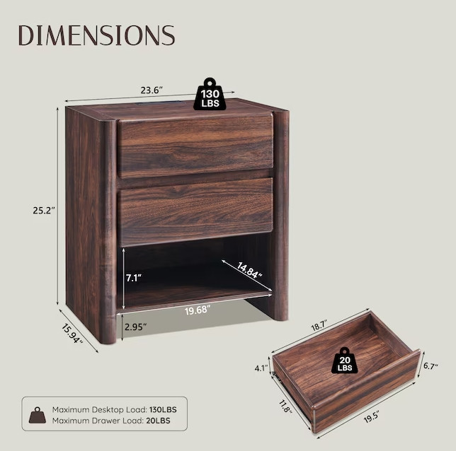 OKD 2 Drawer Modern Wood Bedside Nightstand with Charging Station - 24" x 16" x 25" - brown - (model: LDYZ2D-BR) image 2
