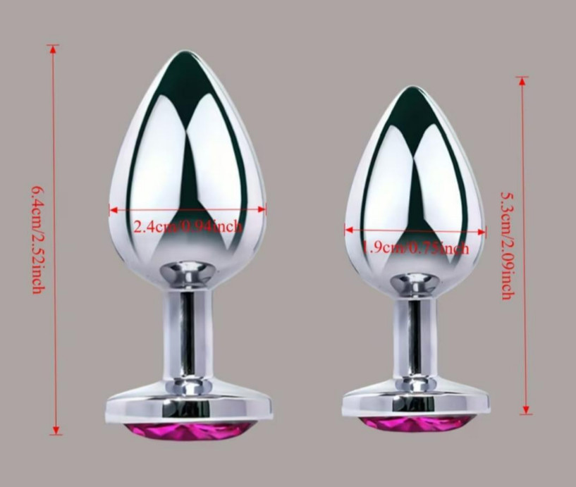 2PC Diamond Stainless Steel Anal Plug - SM / MED - Pink Top image 2