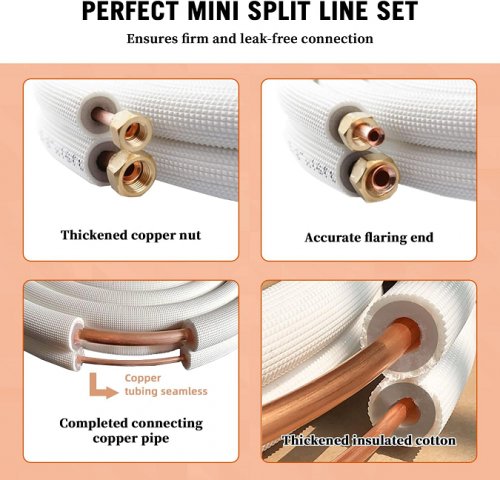 wostore mini split copper line set PE insulated with nuts - 1/4" & 1/2" - 50ft - white image 2