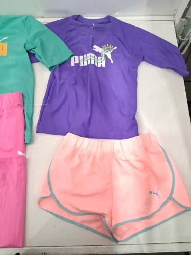 4 PUMA girl's CLOTHES - 1 LONG SLEEVE, 1 SHIRT, 1 SHORTS, 1 LONG PANTS - MEDIUM (7/8) - GREEN/PURPLE/PINK image 4