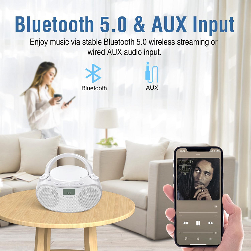 Nextron Portable Stereo CD Player Boombox with AM/FM Radio, Bluetooth, USB, AUX-in, Headphone Jack, CD-R/RW and MP3 CDs Compatible, Clear and Full Sound with Bass Boost, AC/Battery Operated – White (Model: CB-500BT-WHITE) image 3