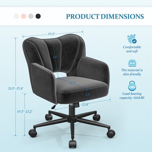 romorgniz adjustable height vanity chair with wheels - 33.50" x 19.5" x 23.8" - black (model: oc1-10012-us-114-c080-2) image 2
