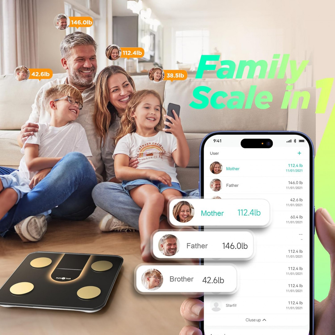 RunStar 8-in-1 SMART Body Weight scale with VA display & 22 body composition sync app for heart rate, BMI, body fat & muscle mass - 400lb capacity - gold/black (model: fg2015ulb) image 4