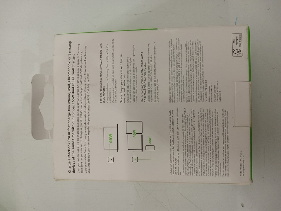 Belkin boostcharge Pro GaN Dual wall charger with 2m USB C to USB C cable - 65W  - white - (model: WCH013dq) image 3