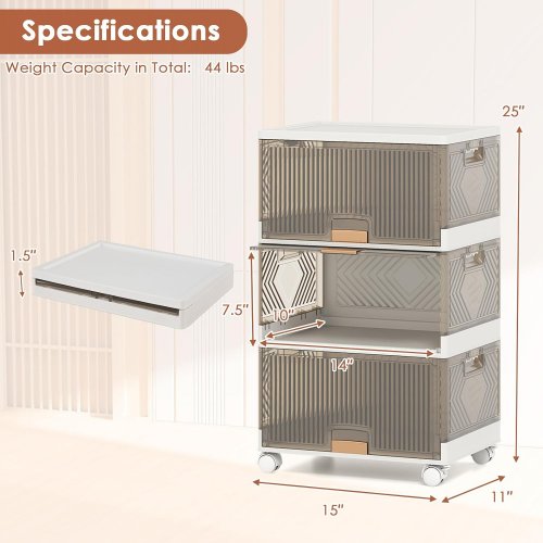 3 Tier Collapsible Shoe Storage Box with detachable wheels - 25" x 15" x 11" - 13.5GAL - WHITE/GREY JV12360wh image 2