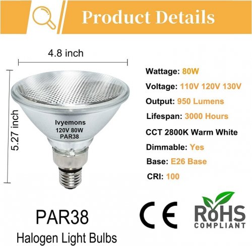 4pk Ivyemons PAR38 Halogen Lights with E26 Base - 120v - 80w - 2800K Warm White image 2