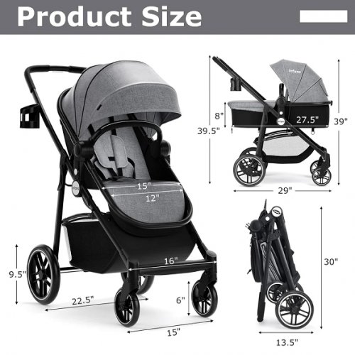 infans 2-in-1 baby stroller with adjustable canopy - 39.5" x 29" - khaki beige (model: bb5224kh) image 2