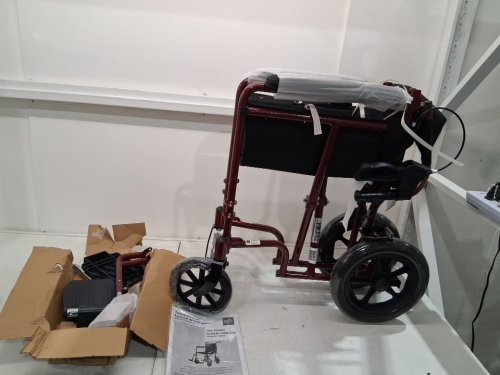 MEDLINE BASIC ALUMINUM TRANSPORT WHEELCHAIR - 19" - 12" REAR WHEELS WITH BRAKES - 300LBS CAPACITY - RED (MODEL: MDS808210ARE) image 3