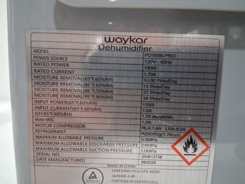 Waykar Dehumidifier with Auto or Manual Drainage - 0.6gal Water Tank Capacity - covers 2000 sq.ft - white (model: pd160b-pro) image 6