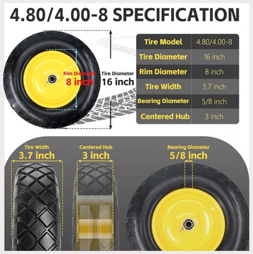 Flat-free Wheelbarrow tire - 4.80/4.00-8" - 16" - black/yellow image 2