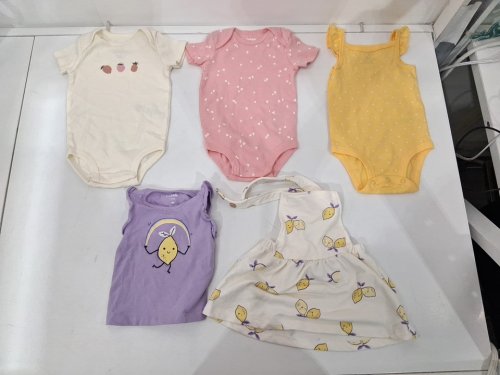 5 assorted baby CLOTHES - ONESIES, TOP, OVERALLS - 6m - PURPLE/PINK/YELLOW/WHITE image 2
