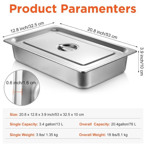 5PK Dandat Steam Table Pans with Lid - 20.8" x 12.8" x 3.9" - Silver image 2