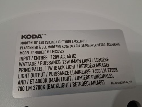 KODA 15" DIMMABLE LED CEILING LIGHT WITH BACKLIGHT - 1600 LUMENS - WHITE (MODEL: 1806383) image 4