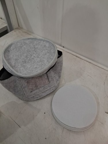 felt china and dinnerware storage container with Round Felt Separator Dividers, designed to safely organize, pack, and protect porcelain plates during storage, moves, or travel - 9" x 5" storage container - 7"Felt Separator Dividers -light grey/black image 3