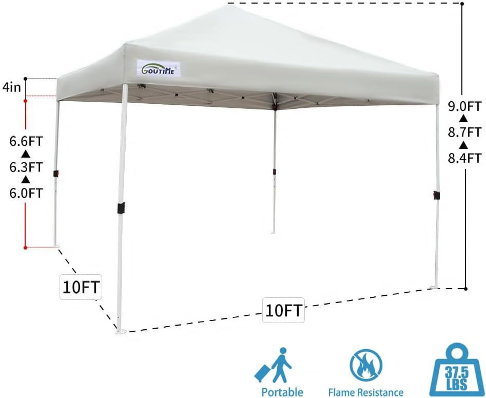 GOUTIME EZ POP UP CANOPY TENT GAZEBO With WHEELED CARRYING BAG and WEIGHT BAGS  - 10FT x 10FT - WHITE (MODEL: SW-9339) image 2