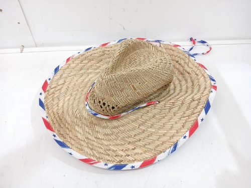 Unisex Wide Brim American Flag Straw Lifeguard Hat with chin strap  - 15" - bROWN/bLUE image 2