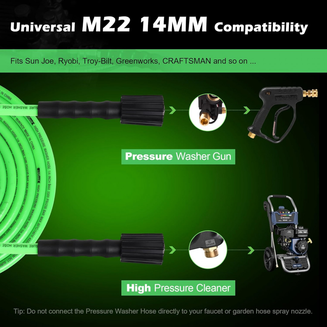 Ufixed lightweight Pressure Washer Hose with M22 solid brass fitting - 1/4" - 33000psi - 25ft - green image 2