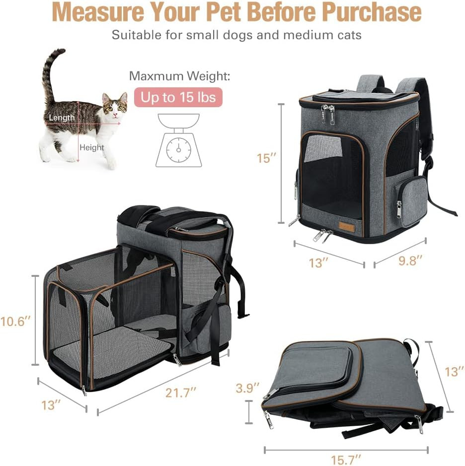 PETS LEKESKY PET CARRIER BACKPACK - 15" X 13" 9.8" - GREY/BROWN image 2