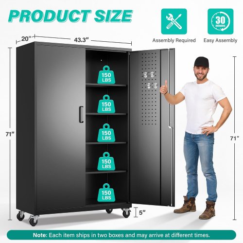 sisesol large locking metal storage cabinet with wheels - 71" x 43" x 20" - black - (model: dbusck25037b-1) image 2