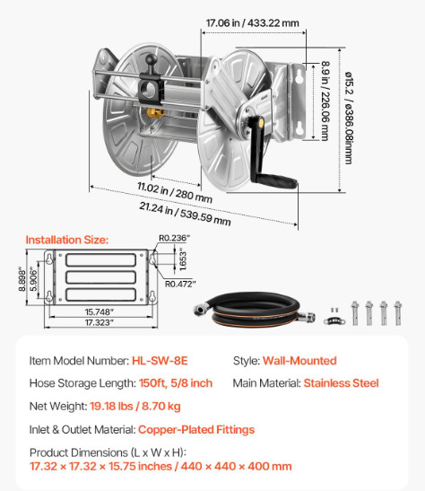 Stainless steel Wall Mounted manual Garden Hose Reel - holds 150ft 5/8" hose - silver (MODEL: ‎HL-SW-8E) image 2
