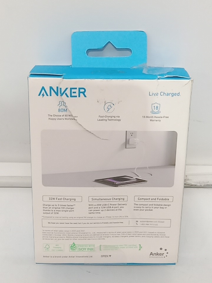 ANKER TWO PORT CHARGER with USB-C/lightning cable - 6ft - 32W - white (model: B2335) image 3