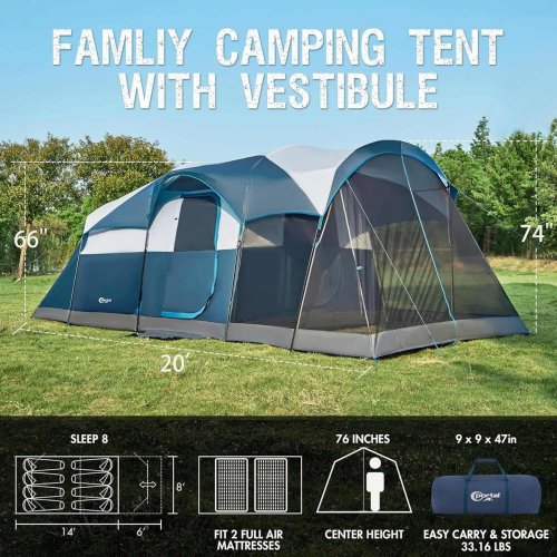 Portal 8-Person 3 SEASON Camping Tent with SCREENED Porch - 20FT x 10FT x 6FT BLUE/GREY/BLACK - (MODEL: PR-HW-60254) image 2