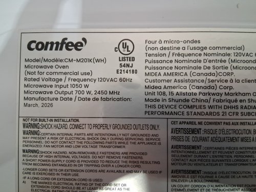 COMFEE COUNTERTOP MICROWAVE OVEN - 0.7 CU.FT/700W - WHITE (MODEL: CM-M201K(WH)) image 8