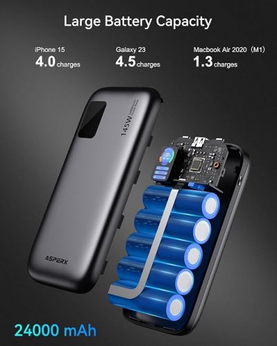 ASPERX Fast charging portable Power Bank & TFT Smart display - 145W/25000mAh - USB-C/A - Flight Approved - Deep Grey (Model: AX2410) image 2