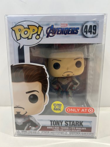 Funko pop! **glows in the dark**only at target** Marvel avengers - Tony stark bobble head (#449) **plastic protector cover** image 3