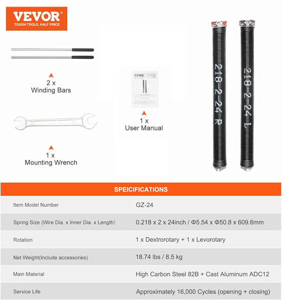 2PK universal garage door torsion springs - 0.218" x 2" x 24" - black (model: gz24) image 2