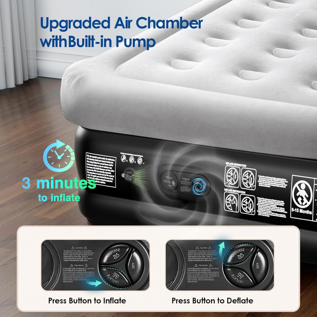 moko inflatable air mattress with comfort top and built in pump - queen size - 18" - black/grey (model:  MAMQ18) image 2