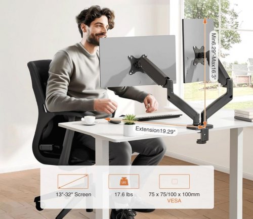 Fully Adjustable Dual Monitor Arm Desk Mount - 17.6LBS CAP - Black (Model: XZJ-B2-BK) image 2