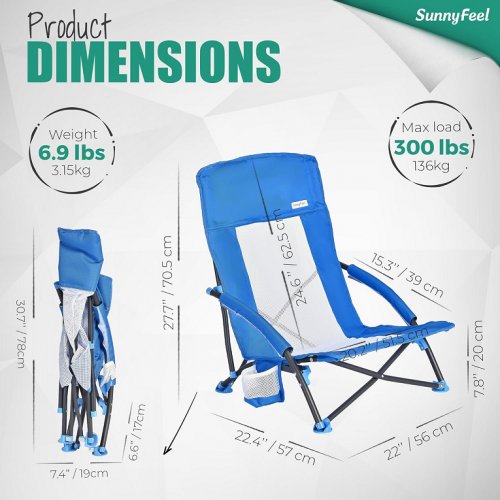 2pk sunnyfeel lightweight folding low beach chairs - 22.4" x 22" x 27.7" - blue (model: P2AC2278BBU2) image 2