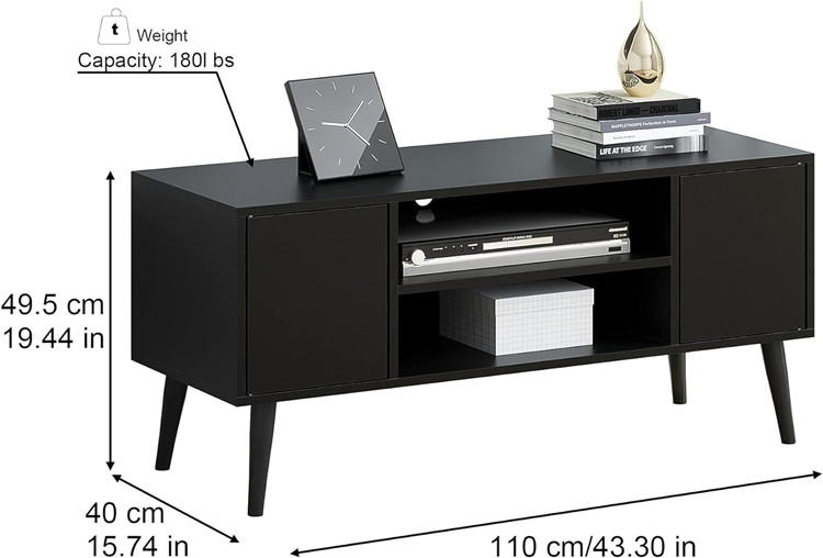 HOME BI Modern TV Stand With 2 Storage Cabinets And Open Shelves - 43.3" x 19.5" - Black (Model: PG-02TS121A) image 2