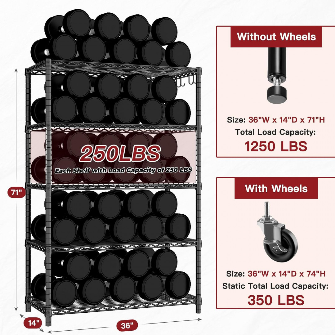 primezone 5 Tier Wire Shelving storage Rack on wheels - 36" x 14" x 74"/250lbs max - black image 2