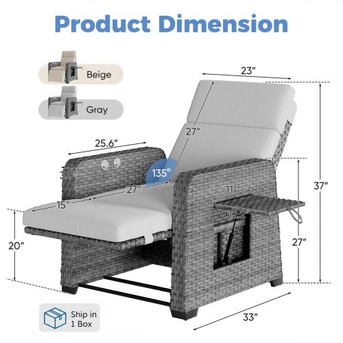 Outdoor Patio Wicker Recliner Chair with Adjustable Backrest, Footrest, and Flip-Up Table - 300lbs cap - grey image 3