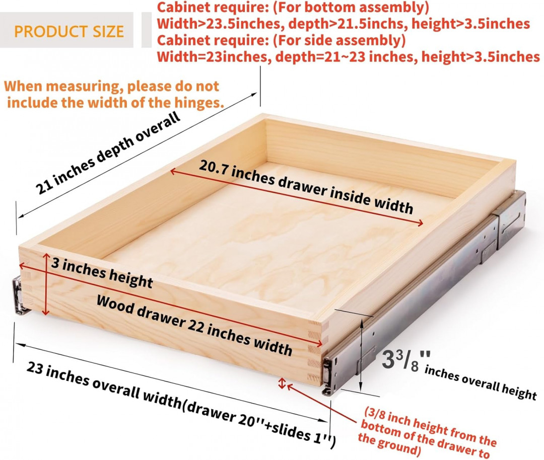 Mulush Pull Out heavy duty soft close slide out Cabinet Drawer bottom assembly kit - 23" x 21" x 3" - natural Wood Finish (Model: MU-BS-23-CA) image 3