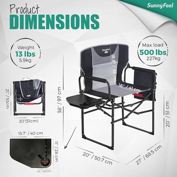 2PK SUNNYFEEL Heavy Duty Oversized Portable Folding Camping Directors Chair with Side Table AND CARRYING BAG - 500LBS CAP - BLACK/GREY (MODEL: ‎AC3008F) image 2