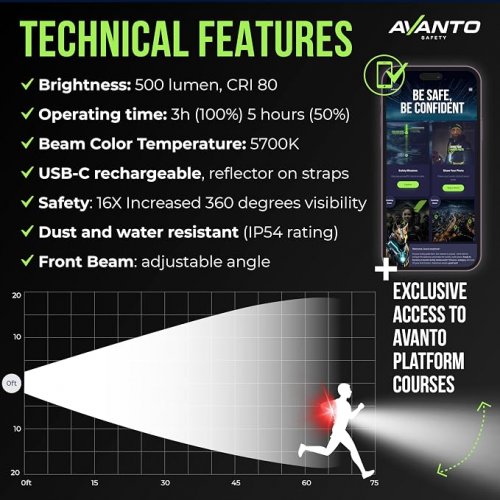 avanto safety solx1 chest light pro - Smart Running Lights With Safety Courses, Headlamp Flashlights for Night Walking - 500lm - 2 light modes - black image 3