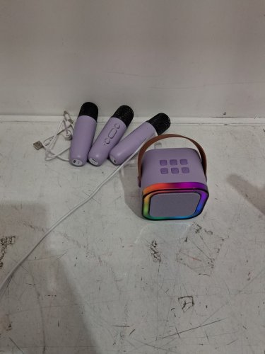 4pc kid's iroo x karafun mini bluetooth portable karaoke machine with 3 wireless microphones - purple (model: pca-k12pur2-726) image 3