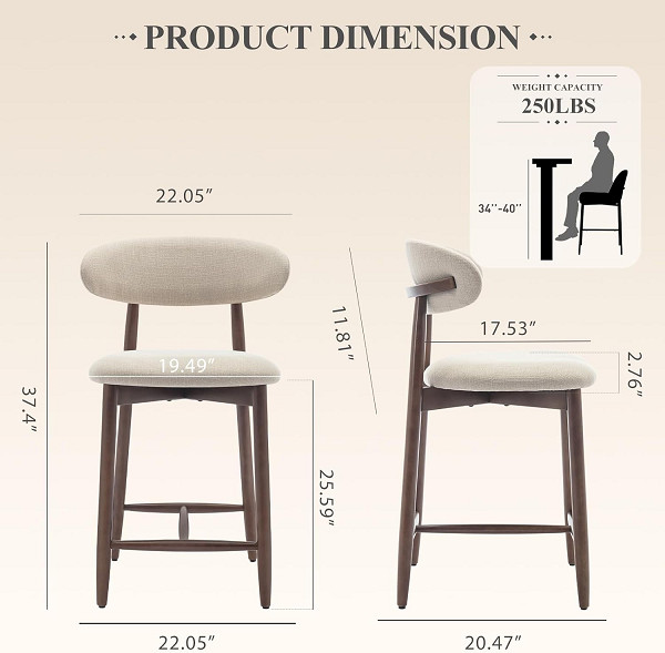 2pk colamy COUNTER HEIGHT upholstered wooden bar stool - beige (model: b6269) image 2