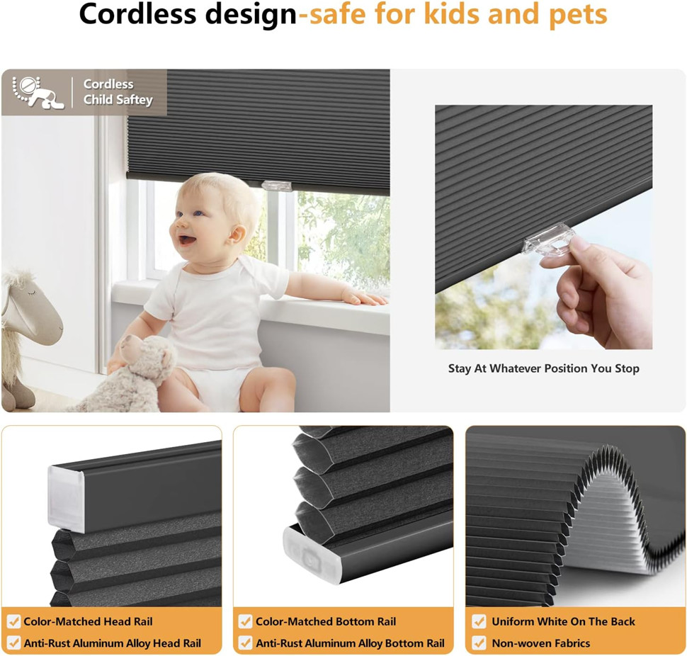 LazBlinds Noise Reduction Thermal Insulated Cordless Blackout Cellular Shades - 20" x 64" - MIDNIGHT Black - (model: NFC-BO-106) image 2